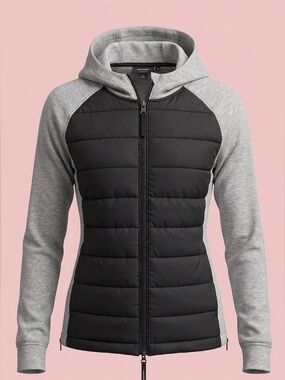 🌟DKNY Sport Quilted Front Hoodie Jacket in Black/Light Gray Size XL